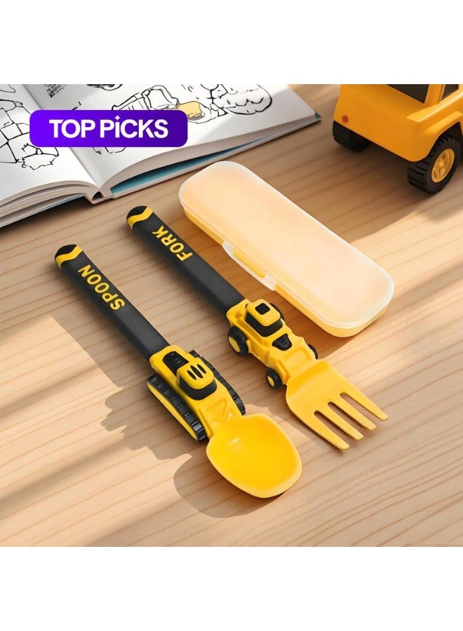 ECLux Construction Vehicle Kids Utensil Set 🚜 | Durable Utensils Tableware | 3-Piece Feeding Set with Spoon, Fork & Storage Case | Soft Grip | Dishwasher Safe | Perfect for Travel & Home | - Image 1
